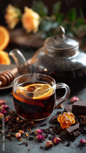 Warm Herbal Tea With Citrus and Honey Placed on a Cozy Table Setting in the A...