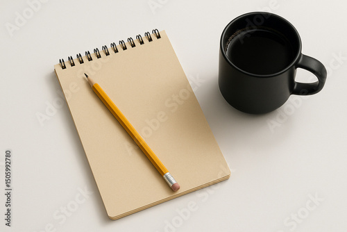 Pencil on Beige Notepad Beside Black Coffee Mug 