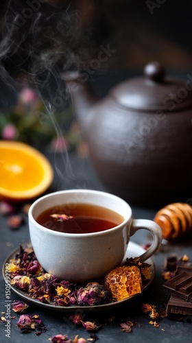 Warm Herbal Tea With Citrus and Honey Placed on a Cozy Table Setting in the A...
