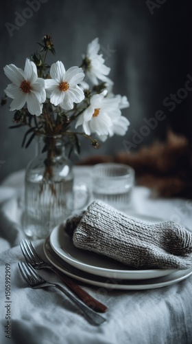 Elegant Dining Setting With White Flowers and Cozy Knit Elements During a Cal...
