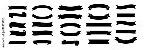 Banner ribbon set silhouette vector black shape ,Black banner, ribbon silhouette vector set. Perfect for title, decoration, design. Editable, customizable. Bold shapes, modern to vintage styles. Stra
