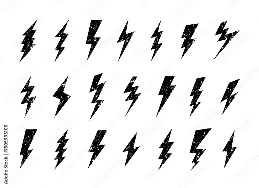Lightning bolt. Distressed black lightning bolt icons with grunge texture. Bold electric power symbols, punk vintage rock style logos, posters and flash stickers. Vector set