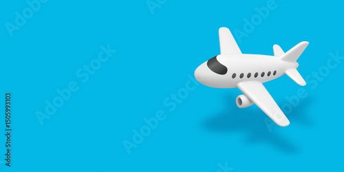 Cartoon 3d airplane. aircraft flying in blue sky, flight of white business jet, traveling, commercial airline banner. Realistic cute plane, 3D soft render. Vector background