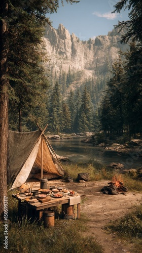 Camping Near a Serene Lake Surrounded by Mountains and Tall Trees in the Earl...