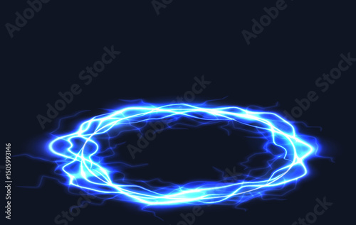 Blue lightning circle electric charge. Electric energy ring pulsing with dynamic lightning sparks, abstract blue glowing circular portal, fantasy teleport. Vector background