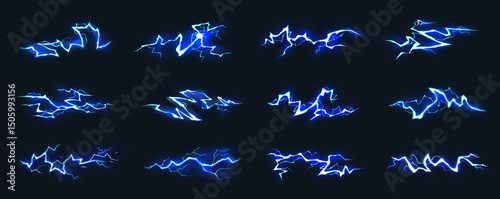 Electric thunderbolt strike. Glowing blue lightning bolt effects. Dynamic energy sparks, plasma flashes, power charge. Fantasy, sci fi magic for games, animations. Vector set