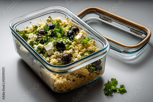 Couscous salad with feta, olives, and parsley in a glass container, a healthy and convenient meal.