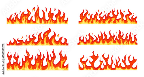 Cartoon fire borders. Seamless flame horizontal frame, blazing divider, hot flaming banner. Wildfire campfire ignite border, firestorm and flammable line, burning vector set
