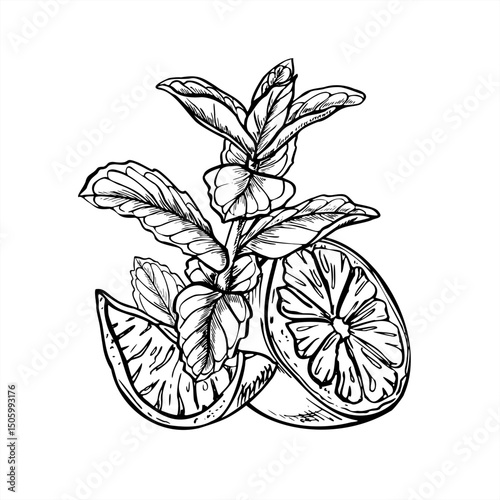 Monochrome vector citrus slices among melissa branches illustration painted by black inks. Etching drawing of lemon or lime with mint herbs for beverage branding, spa menus, healthy food packaging