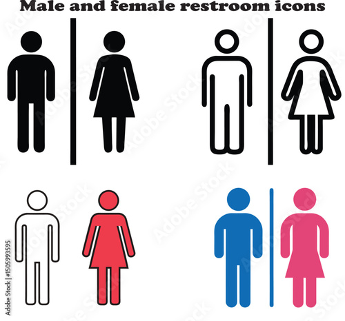 Male and female restroom icons vector displayed side by side on a clean white background for signage, public facilities, infographics, and website UI in minimal flat design style