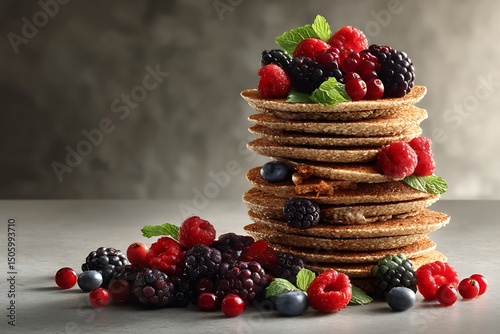 A stack of freshly made pancakes topped with a mix of juicy berries, ready for a delicious breakfast experience.