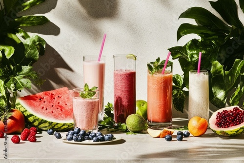 Fresh Fruit Smoothies Arranged on a Table With Vibrant Decorations in Bright ...