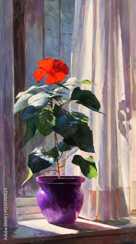 Red Flower Plant in Purple Pot Near Sunlit Curtains in a Cozy Indoor Setting