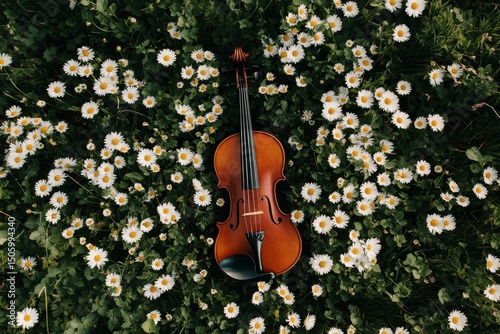 Violin Resting Among Blooming Daisies in a Lush Green Field Under Bright Dayl...