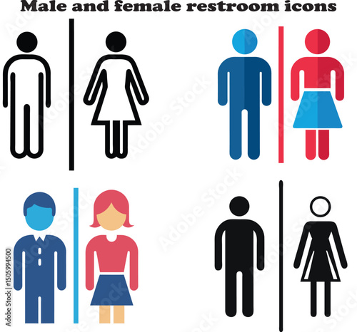Male and female restroom icons vector displayed side by side on a clean white background for signage, public facilities, infographics, and website UI in minimal flat design style