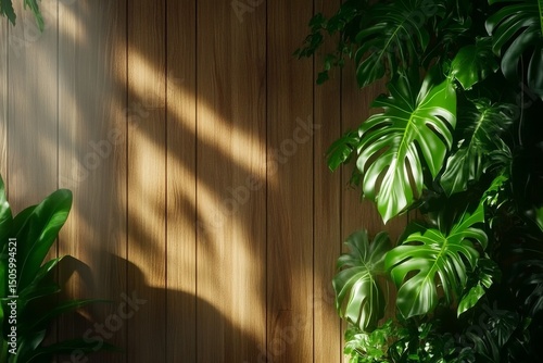 Bright Sunlight Filters Through Lush Leaves Against a Wooden Wall in a Tranqu...