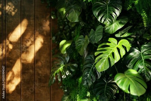 Bright Sunlight Filters Through Lush Leaves Against a Wooden Wall in a Tranqu...
