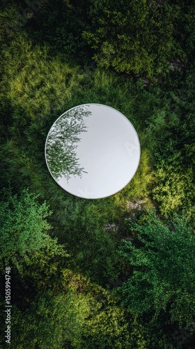 Reflective Circular Mirror Resting on Lush Green Grass in a Natural Outdoor S...