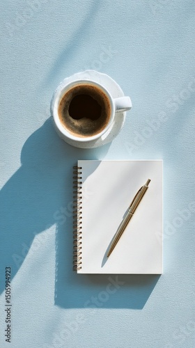 Writing in a Notebook With a Cup of Coffee on a Light Blue Table.