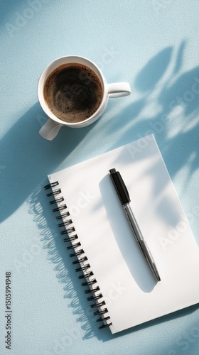 Morning Coffee With a Notebook and Pen on a Light Blue Table