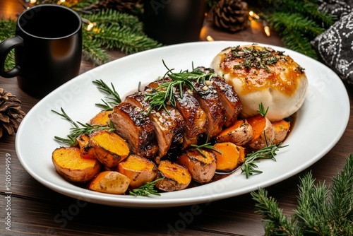 Delicious Glazed Pork Tenderloin Served With a Baked Apple and Festive Decor ...