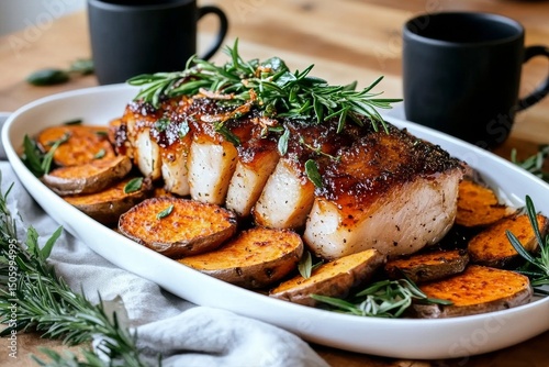Grilled Pork Tenderloin With Roasted Sweet Potatoes and Herbs Served on a Whi...