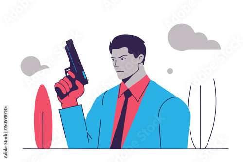Vector illustration of a determined man holding a gun in a formal suit