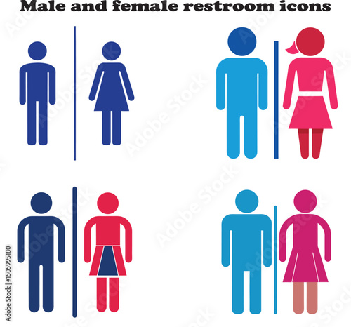Male and female restroom icons vector displayed side by side on a clean white background for signage, public facilities, infographics, and website UI in minimal flat design style