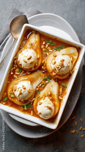 Delicious Poached Pears With Ice Cream Topped With Nuts and Caramel Sauce