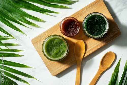 Natural Exfoliating Scrubs Displayed on a Wooden Board With Greenery
