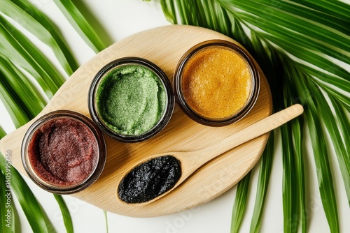 Colorful Natural Scrubs Displayed on a Wooden Board With Tropical Leaves in a...