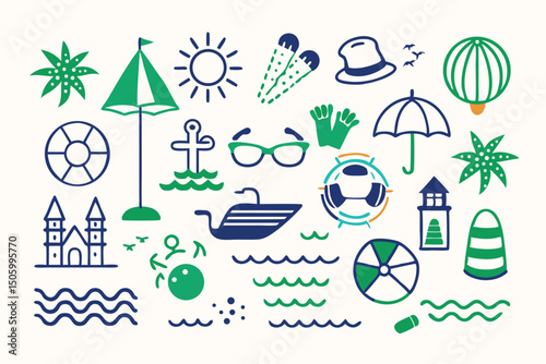 Vector illustration of summer and beach elements with clean lines and vibrant color scheme