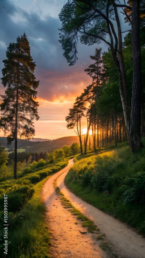 Fototapeta premium Serene winding dirt road through green fields with distant mountains