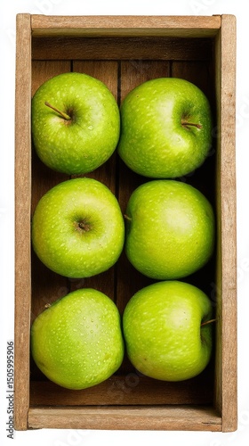 Fresh Green Apples Arranged Neatly in a Wooden Crate for Market Display