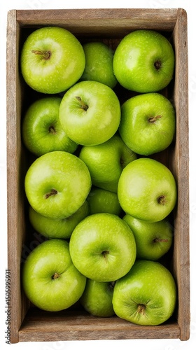 Fresh Green Apples Arranged Neatly in a Wooden Crate for Market Display.