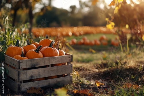Pumpkin Harvest in a Rustic Field During Autumn With Vibrant Colors and Eveni...
