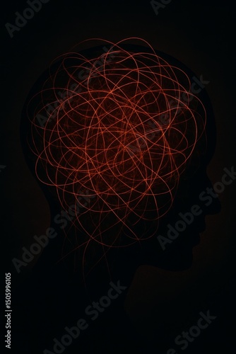 Abstract silhouette of human head with chaotic red light lines inside, symbolizing anxiety, stress, and overthinking.

