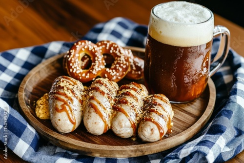 Enjoying Grilled Sausages, Soft Pretzels, and Beer at a Rustic Outdoor Table.