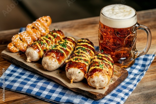 Delicious Sausages, Pretzels, and Craft Beer on a Rustic Wooden Table.