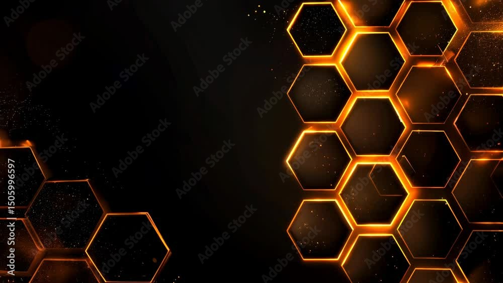 Futuristic hexagonal grid with orange illumination on dark background  abstract tech design