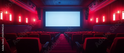 ultrawide shot of luxury cinema deep red seats facing white glowing screen no characters silent mood perfect clarity