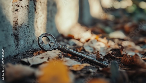 Wallpaper Mural Rusty key rests amongst autumn leaves near a tree trunk Torontodigital.ca