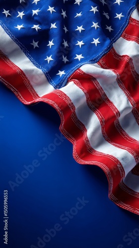 American Flag Draped Elegantly Against a Blue Backdrop Displaying Rich Colors...