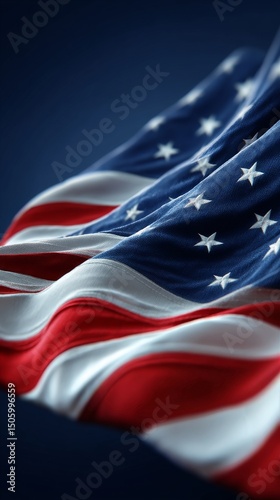 American Flag Draped Elegantly Against a Blue Backdrop Displaying Rich Colors...