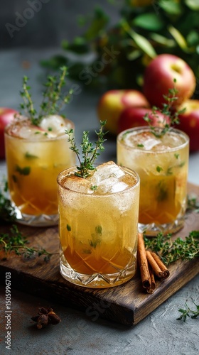 Delicious Apple Cocktails Garnished With Herbs and Spices on a Rustic Wooden ...
