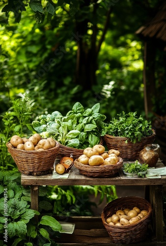 Freshly Harvested Vegetables Displayed on a Wooden Table in a Lush Garden Dur...