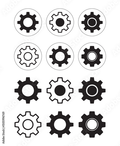 Settings interface icons. Linear style control panel elements for UI/UX design. Adjustable gears, sliders, and toggles for digital customization. Clean vector illustration.