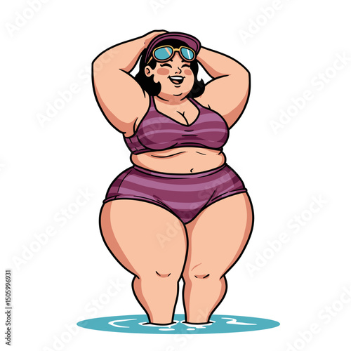 Confident woman in swimwear enjoying the water for body positivity and summer joy illustration 
