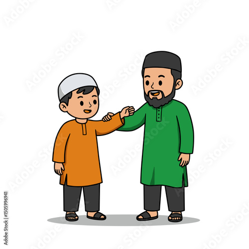 Young boy and man wearing traditional attire sharing a moment together for cultural illustration