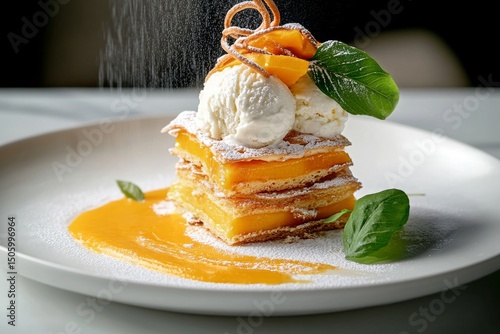 Delicious Dessert Stacked With Pancakes, Ice Cream, and Caramel Sauce Served ...